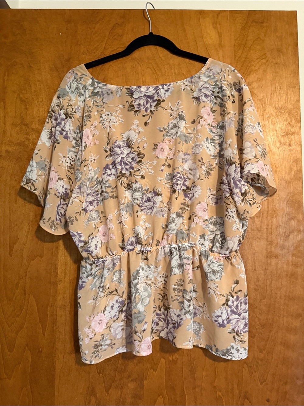 Blush Floral Wrap Peplum Top  with Purple & Pink Bloom - Picture 4 of 4